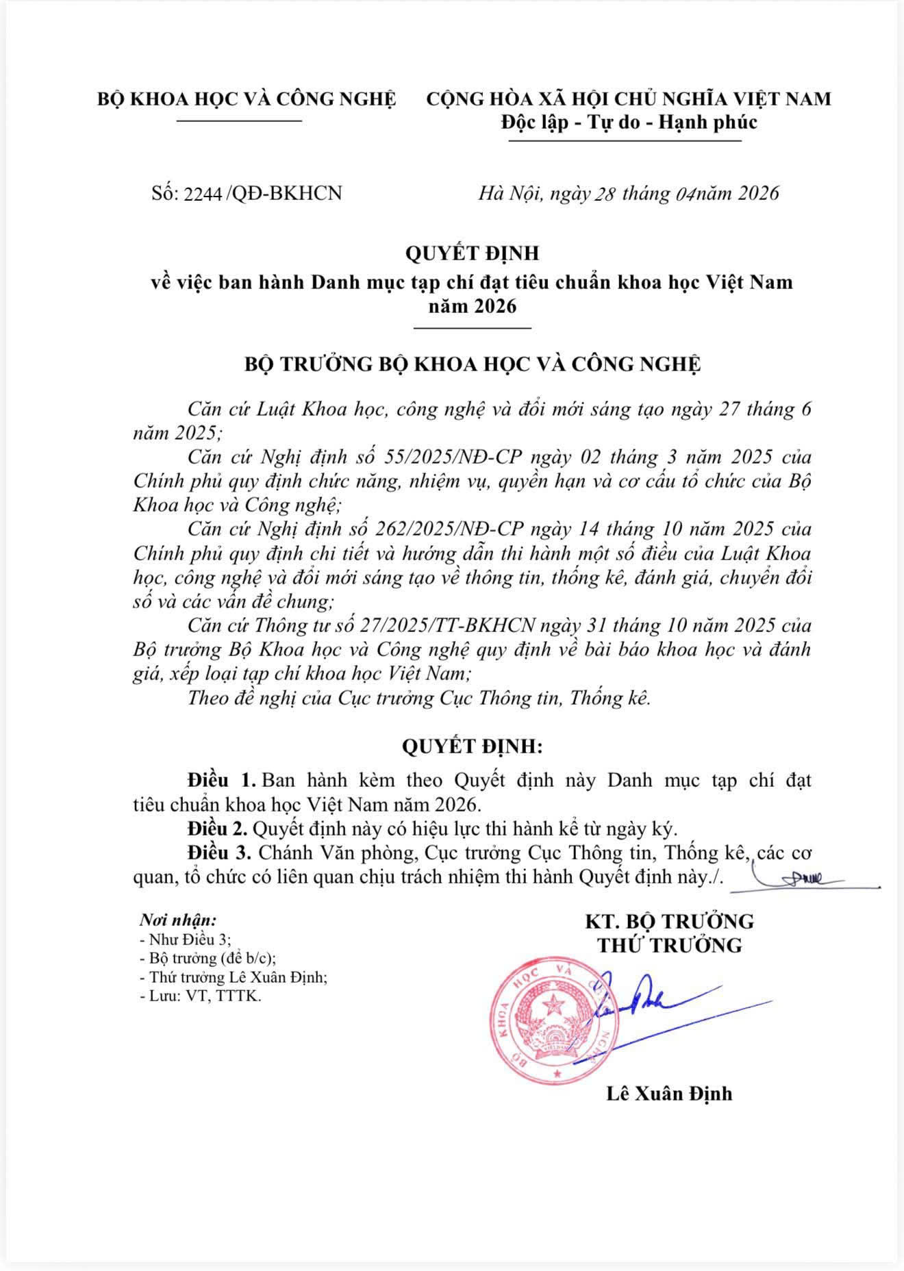 Tạp chí điện tử Khoa học và Công nghệ QUI - Trường Đại học Công nghiệp Quảng Ninh được công nhận đạt tiêu chuẩn khoa học Việt Nam năm 2026
